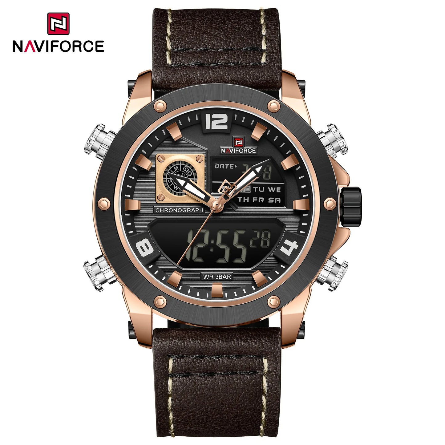 NAVIFORCE 9236 Luxury Men Wrist Watch Double Display Leather High Quality Quartz Digital Watch Sports Waterproof Multifunction Clock