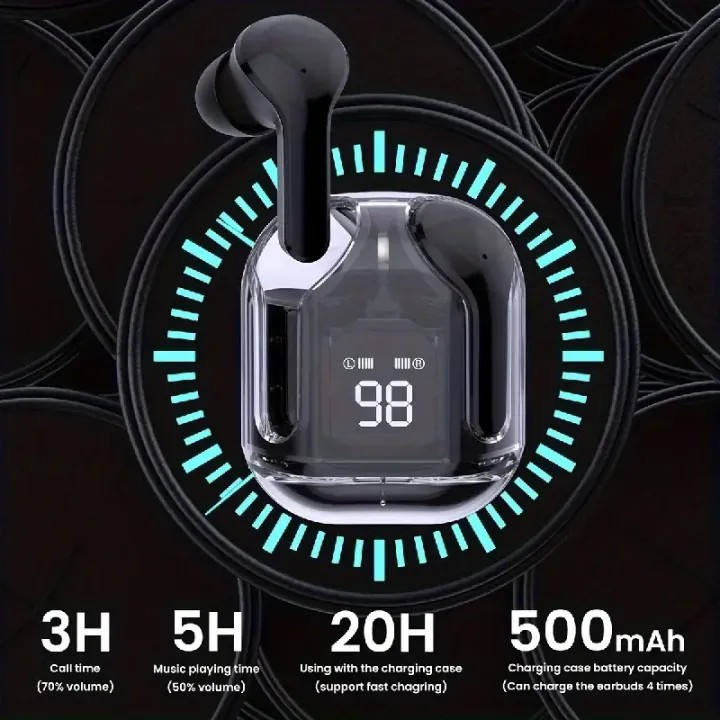 Air31 Transparent TWS Wireless Earbuds - Bluetooth 5.3 Stereo Headset with Heavy Bass & Digital Display - Touch Control Gaming Sports Headphone