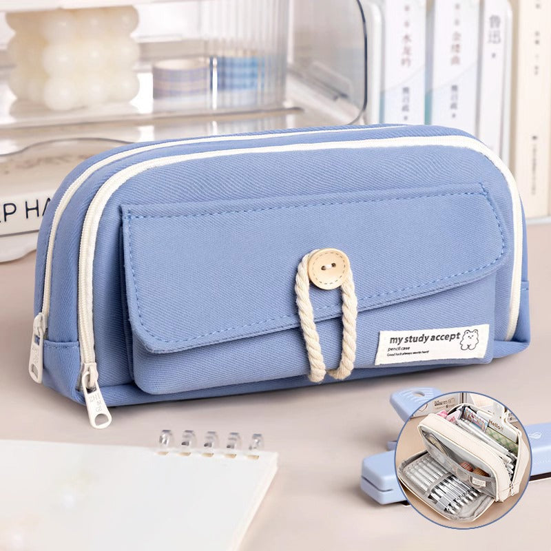 Large Capacity Three Layer Pencil Case Cute Canvas Pen Pouch Bag Cosmetic Bag Portable Storage Bag for Teen Students Office School Supplies