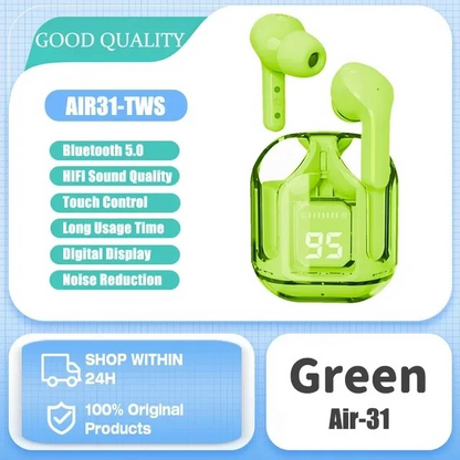 Air31 Transparent TWS Wireless Earbuds - Bluetooth 5.3 Stereo Headset with Heavy Bass & Digital Display - Touch Control Gaming Sports Headphone