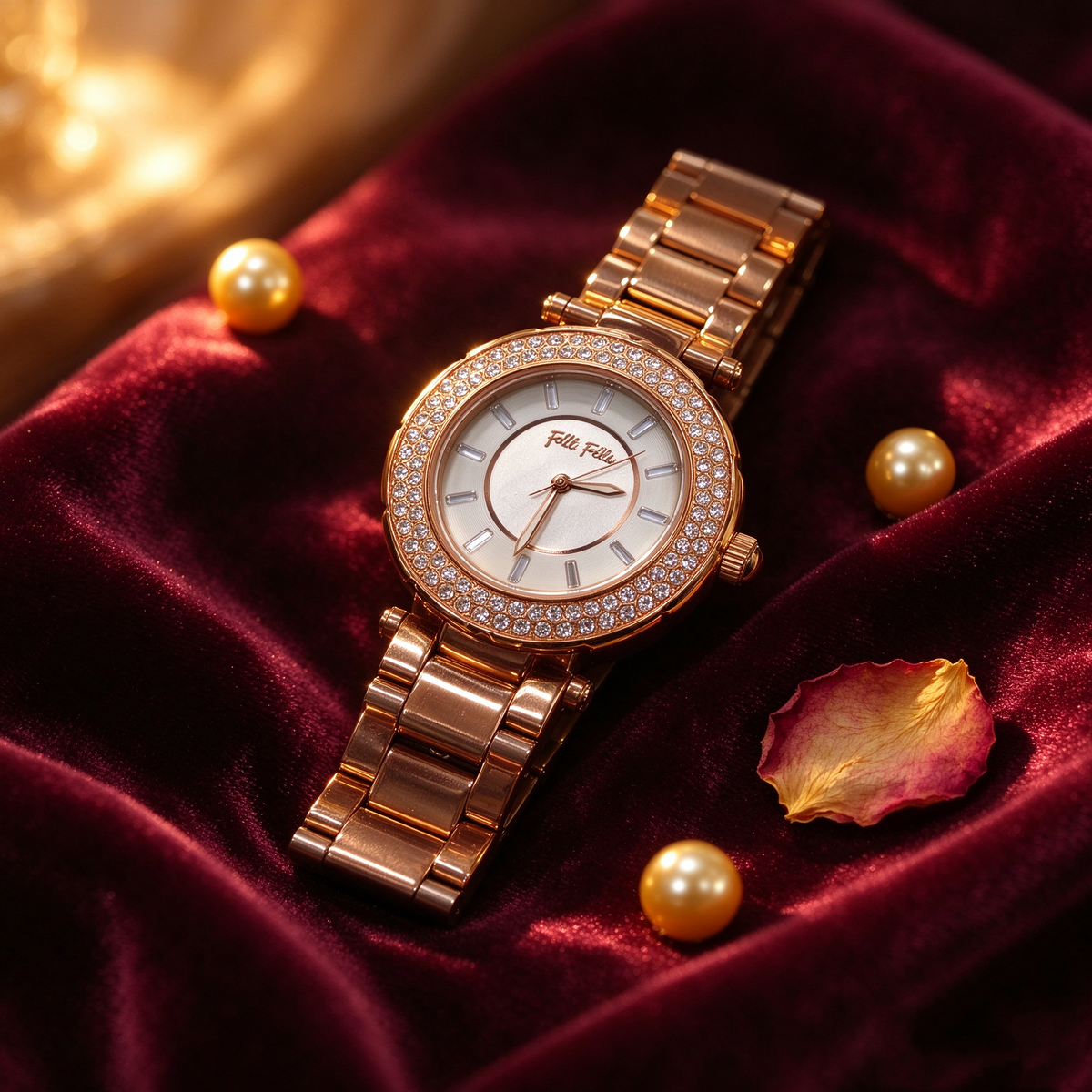 Folli Follie BEAUTIME Rose Gold Crystal Bezel Ladies Quartz Watch WF1B020BSS Elegant Stainless Steel Bracelet Wristwatch