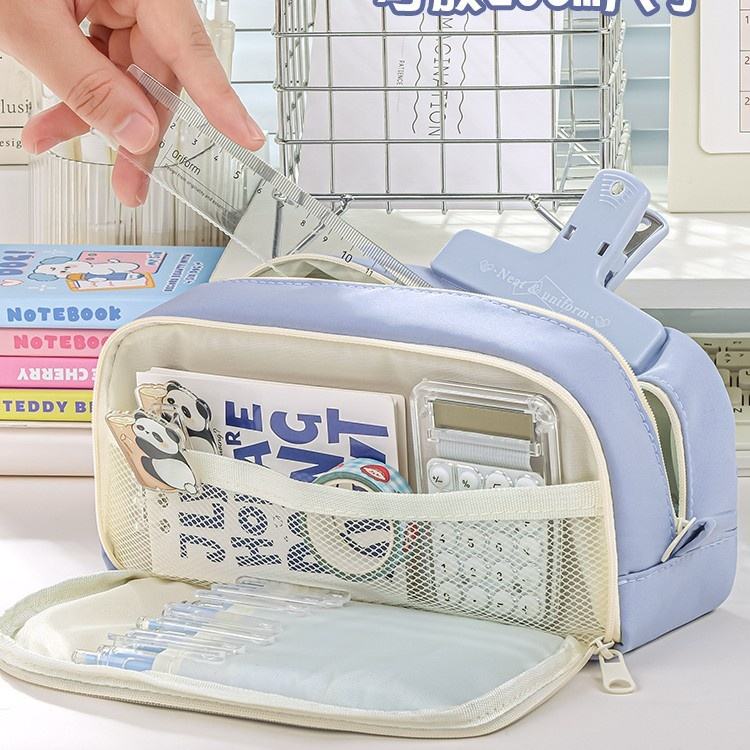 Creative Large Capacity Double Layer Canvas Pencil Case Waterproof Durable Zipper Closure Macron Color Pencil Bag Student School Supplies