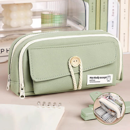 Large Capacity Three Layer Pencil Case Cute Canvas Pen Pouch Bag Cosmetic Bag Portable Storage Bag for Teen Students Office School Supplies